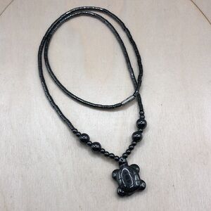 Hematite carved turtle pendant necklace- medium long.